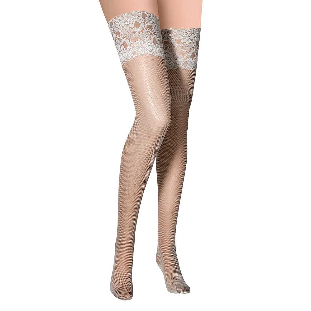 Bas autofixants résille bordés de dentelle – Blanc – Taille S-M