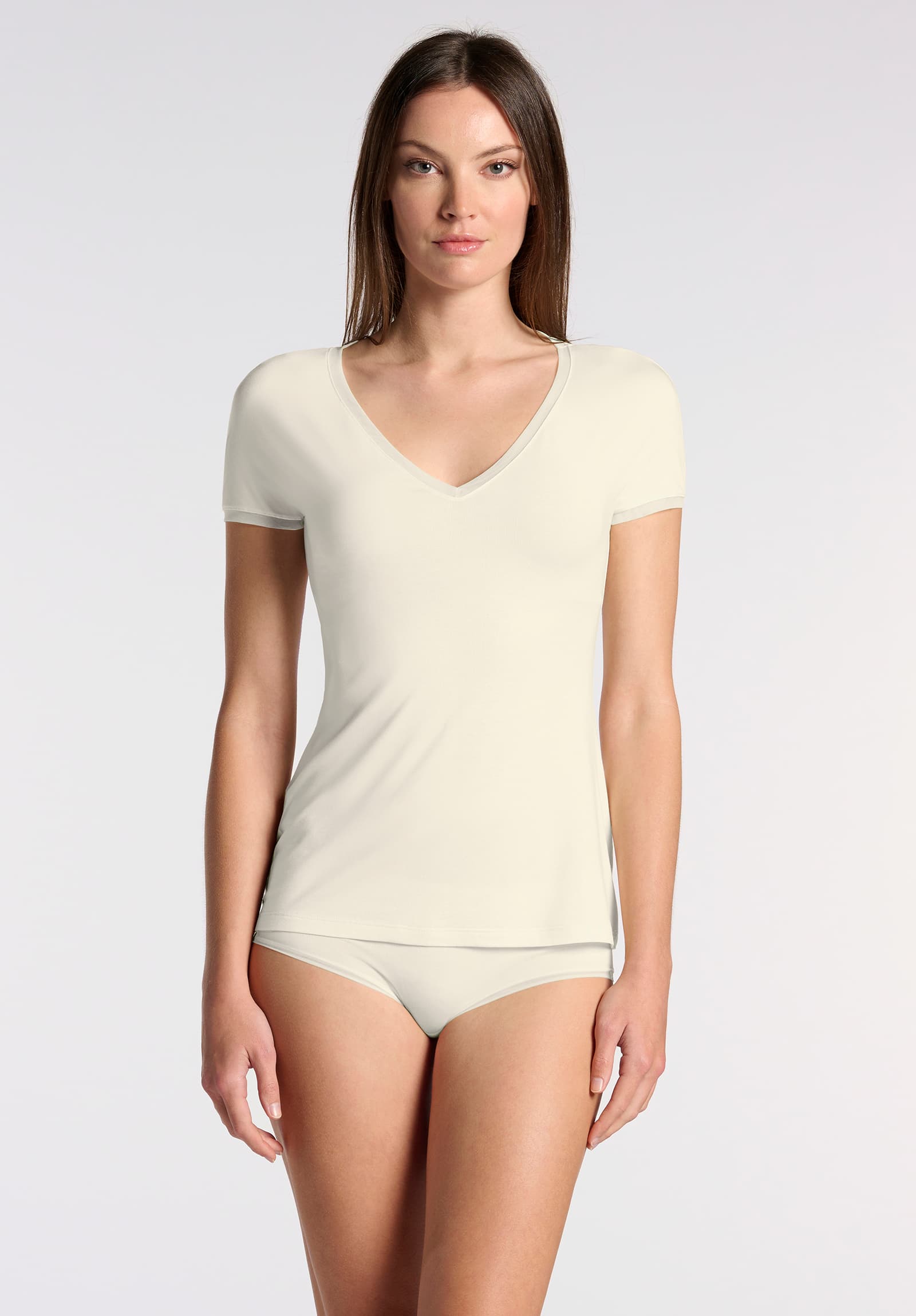 T-shirt en modal coupe parfaite, col V – Ivoire – XL